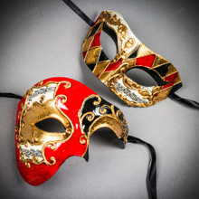 Red & Black Venetian Bauta Mask & Gold & Black Venetian Eye Mask Couple Mask Set