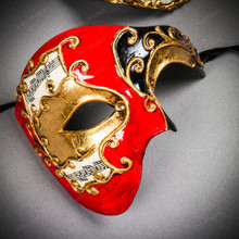 Red & Black Venetian Bauta Mask & Gold & Black Venetian Eye Mask Couple Mask Set