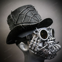 Silver Steampunk Goggles + Black & Silver Steampunk Top Hat + Black & Silver Steampunk Eye Mask Costume Set