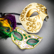 Gold Phantom Half Face Mask & Green & Yellow Masquerade Mask Couple Mask Set