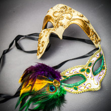 Gold Phantom Half Face Mask & Green & Yellow Masquerade Mask Couple Mask Set