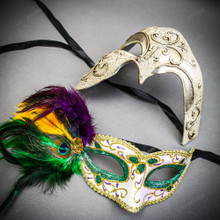 Silver Phantom Half Face Mask & Green & Yellow Masquerade Mask Couple Mask Set