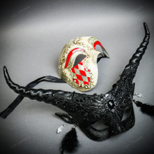 White & Red Venetian Phantom Mask & Masquerade Mask Couple Mask Set