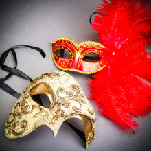 Gold Phantom Half Face Mask & Gold & Red Glitter Feather Eye Mask Couple Mask Set