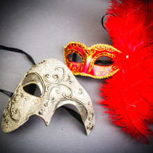 Silver Phantom Half Face Mask & Gold & Red Glitter Feather Eye Mask Couple Mask Set