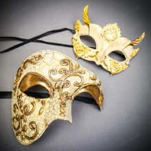 Gold Phantom Half Face Mask & White & Gold Venetian Eye Mask Couple Mask Set