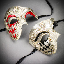 White & Silver Venetian Phantom Mask & White & Red Venetian Phantom Mask Couple Mask Set