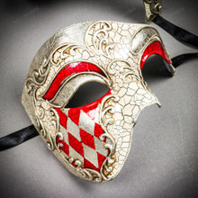 White & Silver Venetian Phantom Mask & White & Red Venetian Phantom Mask Couple Mask Set