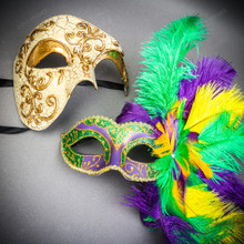 Gold Phantom Half Face Mask & Purple & Yellow Glitter Feather Eye Mask Couple Mask Set