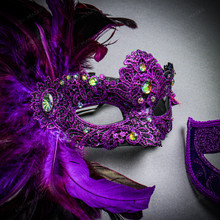 Purple Feather Venetian Mask & Purple Masquerade Mask Couple Mask Set