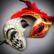 White & Silver Venetian Phantom Mask & Gold & Red Feather Eye Mask Couple Mask Set