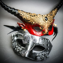 Black & Silver Venetian Steampunk Mask & Red & Black Horned Devil Eye Mask Couple Mask Set