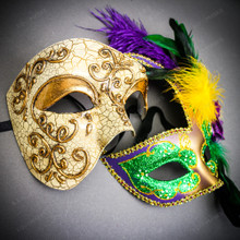 Gold Phantom Half Face Mask & Gold & Green Feather Eye Mask Couple Mask Set