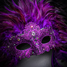 Purple Feather Venetian Mask & Purple Masquerade Mask Couple Mask Set