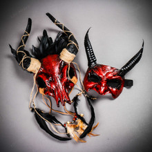 Black & Red Red Devil Mask & Red & Black Venetian Eye Mask Couple Mask Set