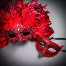 Red Feather Venetian Mask & Red Masquerade Mask Couple Mask Set