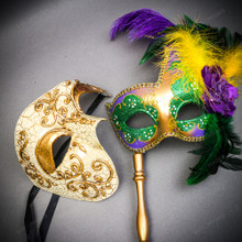 Gold Phantom Half Face Mask & Gold & Green Feather Eye Mask Couple Mask Set