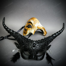 White & Gold Venetian Phantom Mask & Masquerade Mask Couple Mask Set