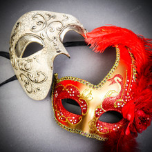 Silver Phantom Half Face Mask & Gold & Red Feather Eye Mask Couple Mask Set