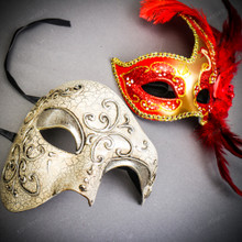 Silver Phantom Half Face Mask & Gold & Red Feather Eye Mask Couple Mask Set