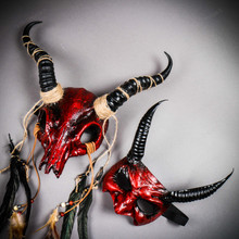 Bloody Red Pagan Skull Masquerade & Demon Devil Horn Couple Mask Set