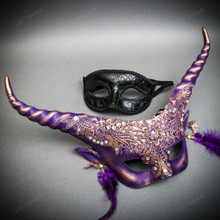 Purple Elegant Horned Eye Mask & Black Glitter Half Face Mask Couple Masquerade Set