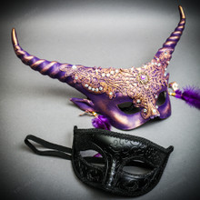 Purple Elegant Horned Eye Mask & Black Glitter Half Face Mask Couple Masquerade Set