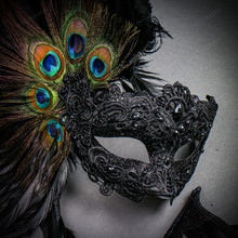 Black Feather Venetian Mask & Masquerade Mask Couple Mask Set