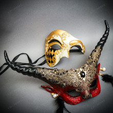 White & Gold Venetian Phantom Mask & Red & Black Horned Devil Eye Mask Couple Mask Set