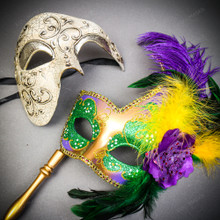 Silver Venetian Phantom of the Opera & Gold & Handheld Stick Feather Mardi Gras Eye Mask Couple Masquerade Set