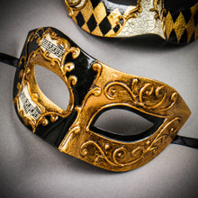 Gold Classical Venetian Musical & Harlequin Eye Mask Couple Masquerade Set