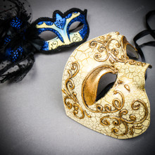 Gold Phantom Venetian Half Face Mask & Black Blue Feather Venetian Eye Mask Couple Masquerade Set