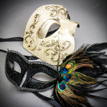 Silver Phantom Half Face & Black Peacock Feather Eye Mask Masquerade Mask Couple Mask Set