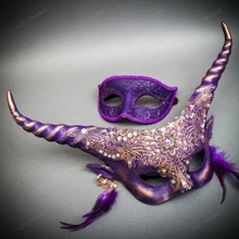 Elegant Purple Horn Mask & Glitter Half Face Venetian Ball Masquerade Couple Mask Set