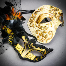 Gold Phantom Venetian Half Face Mask & Feather Venetian Eye Mask Couple Masquerade Set