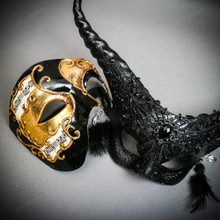 Black & Gold Venetian Bauta Mask & Masquerade Mask Couple Mask Set