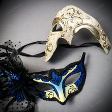 Silver Phantom Half Face Mask & Blue Black Feather Venetian Eye Mask Couple Mask Set