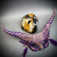 Fantasy Purple Horned Eye Mask & Gold Black Phantom of the Opera Musical Masquerade Mask Set
