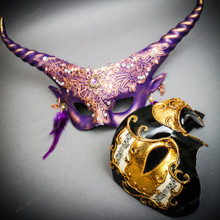 Fantasy Purple Horned Eye Mask & Gold Black Phantom of the Opera Musical Masquerade Mask Set