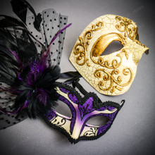 Gold Phantom Venetian Half Face Mask & Black Purple Feather Venetian Eye Mask Couple Masquerade Set