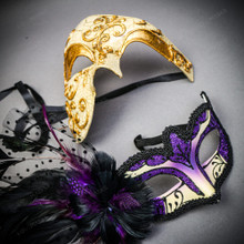 Gold Phantom Venetian Half Face Mask & Black Purple Feather Venetian Eye Mask Couple Masquerade Set