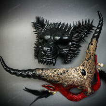 Red Gold Gothic Horned Lace Eye Mask & Black Spiked Wolf Mask Halloween Masquerade Couple Set