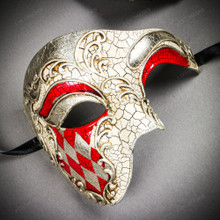 Silver Red Venetian Phantom of the Opera & Gold Red Harlequin Half Face Eye Mask Couple Masquerade Set