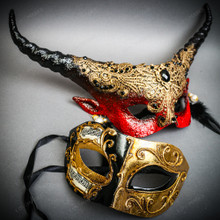 Black Gold Venetian Half Face Mask & Red Horned Devil Eye Mask Couple Masquerade Set
