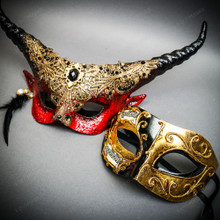 Black Gold Venetian Half Face Mask & Red Horned Devil Eye Mask Couple Masquerade Set