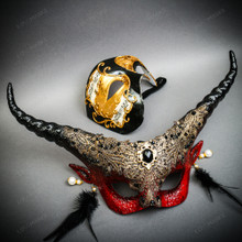 Red Gold Horned Devil Eye Mask & Gold Black Phantom of the Opera Couple Masquerade Set
