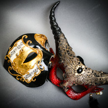 Red Gold Horned Devil Eye Mask & Gold Black Phantom of the Opera Couple Masquerade Set