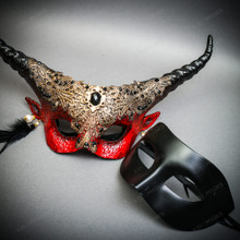 Red Gold Horned Devil Eye Mask & Black Half Face Masquerade Mask Couple Mask Set