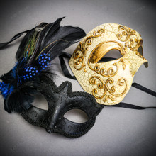 Venetian Gold Phantom Half Face Mask & Black Blue Feather Masquerade Couple Mask Set