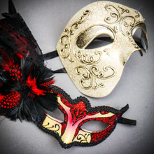 Silver Phantom Venetian Half Face Mask & Gold Red Feather Venetian Eye Mask Couple Masquerade Set